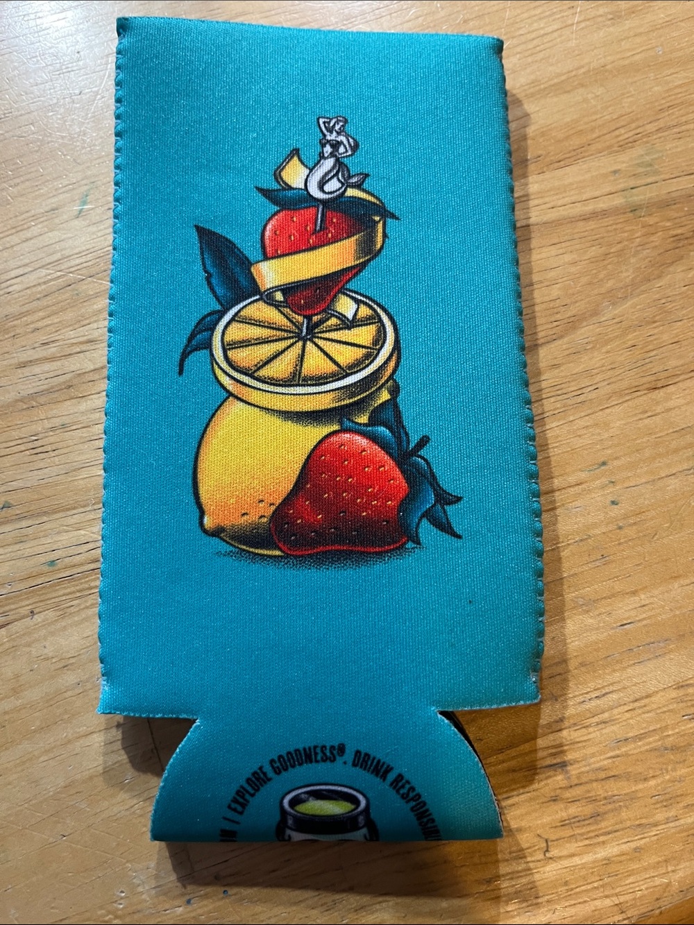 Branded Teal Beverage Can Cooler with Fruit Graphic